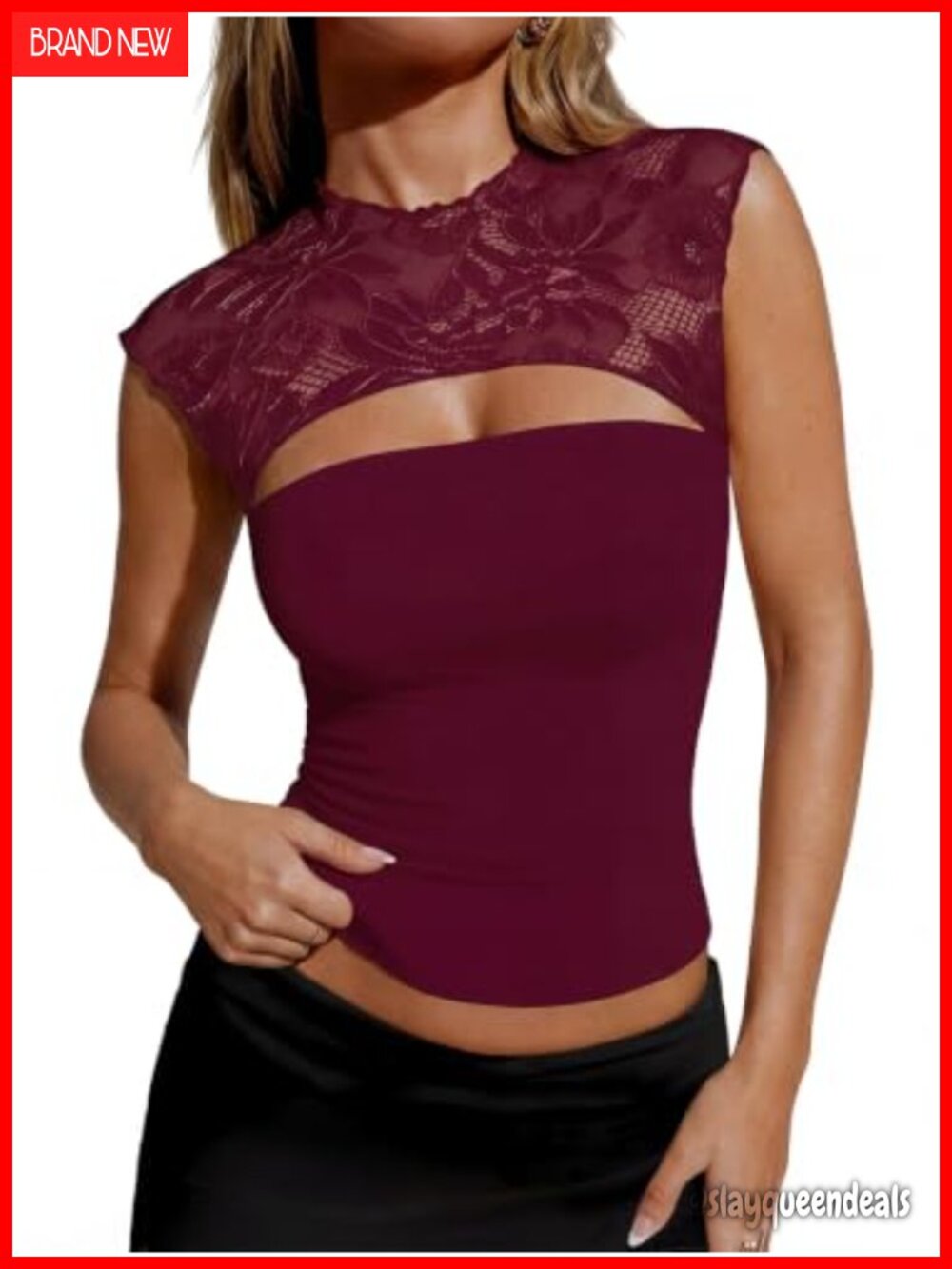 Lace Crop Top Sleeveless Cutout Crew Neck Double Lined Y2K Slim Night Out